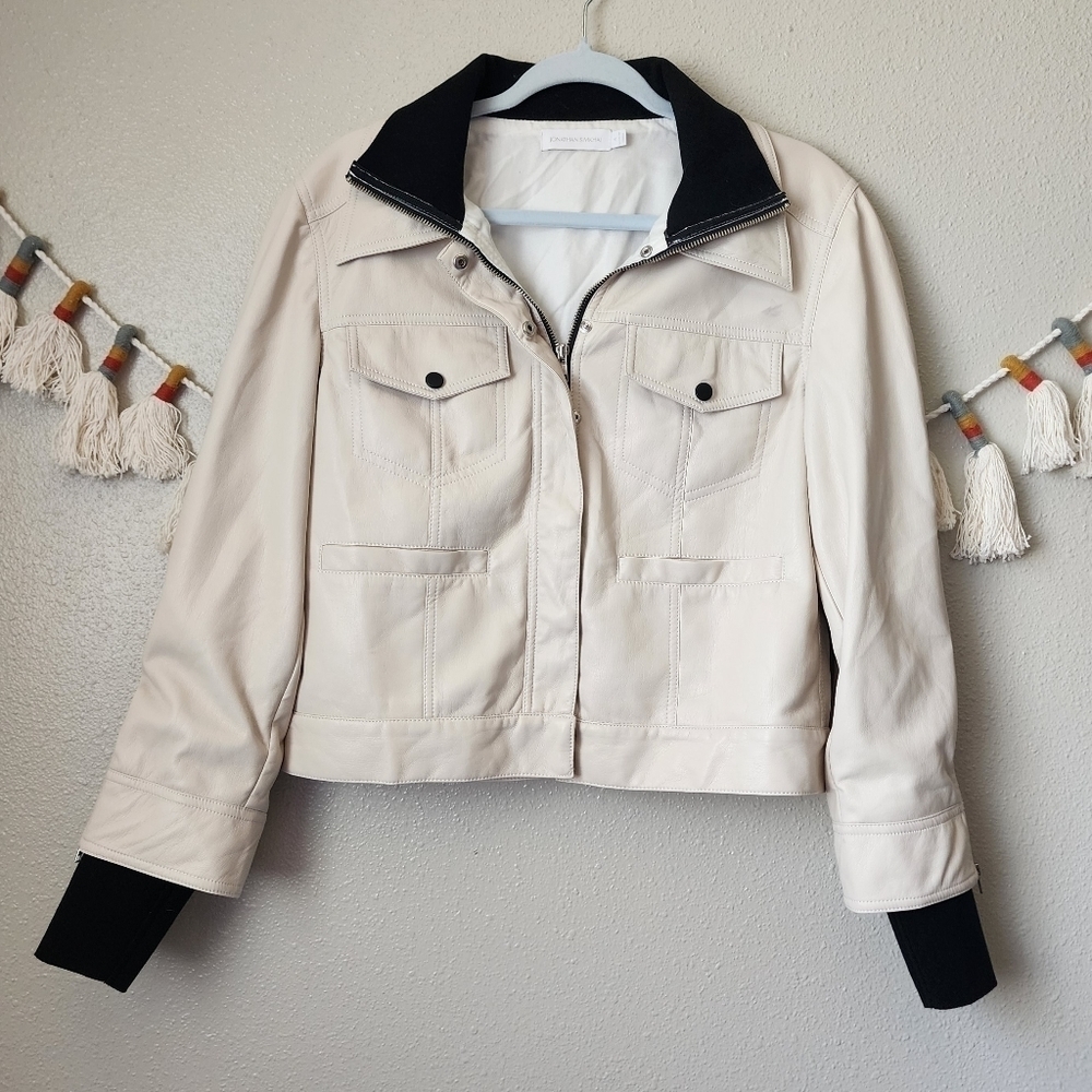 Jonathan Simkhai Cream Leather Jacket with Black Trim
